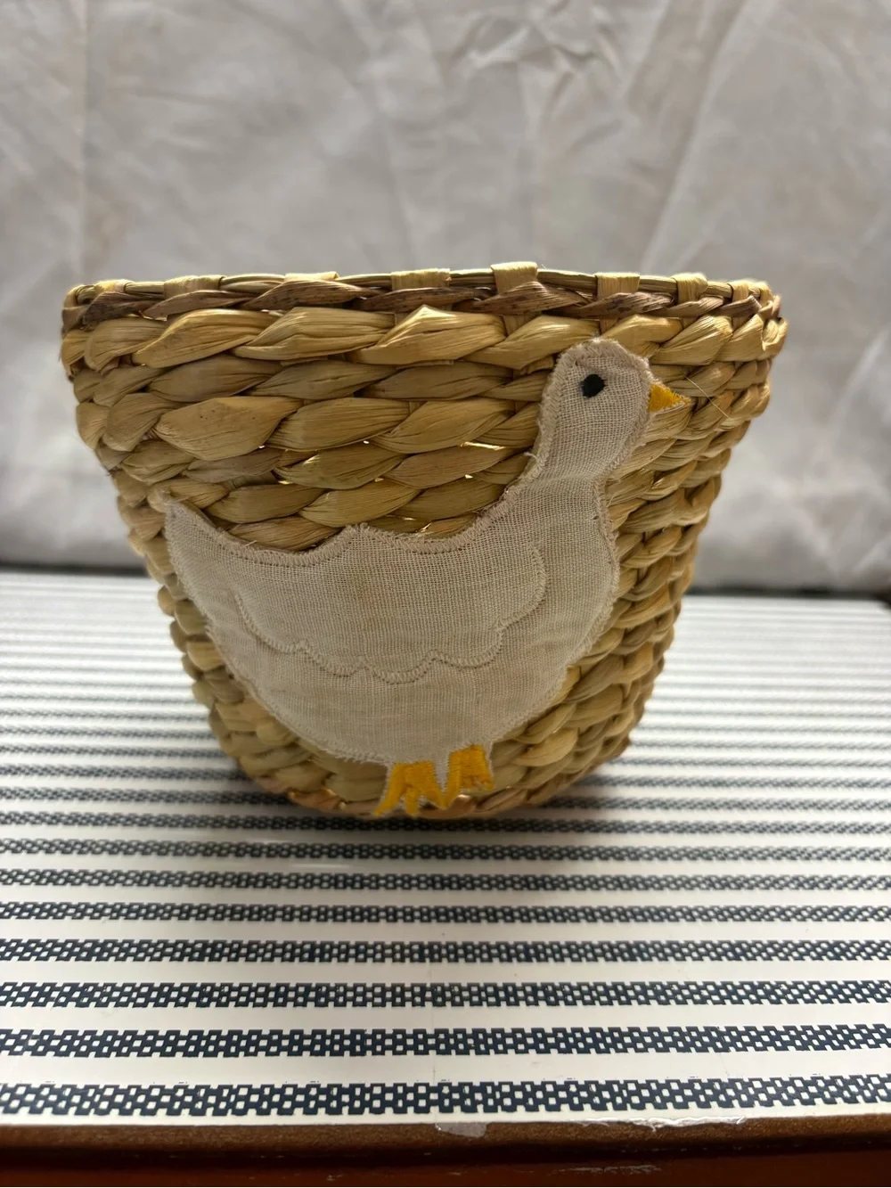 Handwoven Natural Straw Decorative Basket with White Chicken Appliqué